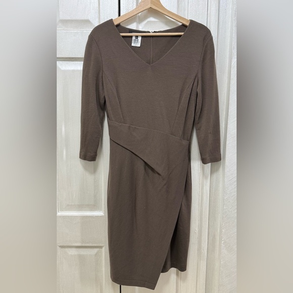 Lafayette 148 Cut&Sew Women 8 Brown New Wool Lined Midi Dress 3/4 Sleeve V-Neck - Picture 1 of 16